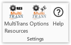 Trados Studio interface showing MultiTrans Resources icon with Options and Help settings.