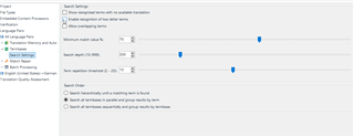 Screenshot of Trados Studio Termbase settings showing options for minimum match value, search depth, and term recognition thresholds.