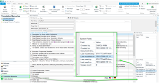 Trados Studio screenshot showing the Translation Memories view with a system fields dialog box highlighting fields such as Created by, Created on, Last modified by, and Last used on.