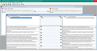 Screenshot of Trados Studio's WinAlign application showing a side-by-side comparison of source and target text alignment.