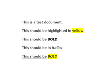 Word document with text highlighted in yellow, bold, and italics.