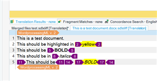 Trados Studio interface showing the same document with text formatting and segment numbers.