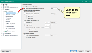 Trados Studio QA settings window with 'Check for empty translations' option ticked and 'Error' selected as the error type.