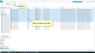 Screenshot of Trados Studio interface showing Reports Viewer Plus with a tooltip saying 'Select as many as you like.'