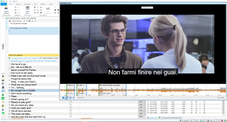 Screenshot of Trados Studio software showing a video playback window with subtitle editing. A waveform is displayed below the video, and a subtitle data table is at the bottom. Italian subtitles are visible on the video.