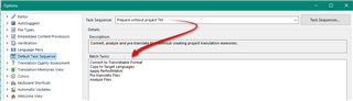 Screenshot of Trados Studio options menu showing an error message 'Project without Project TM' with a red arrow pointing to it.