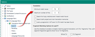 Screenshot of Trados Studio Translation Memory settings with a red arrow pointing to 'Search' tab and options for 'Minimum match value' and 'Maximum number of hits'.