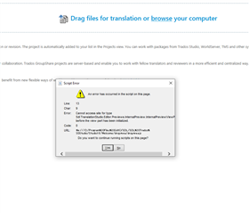 Trados Studio error message window overlaying the main interface, indicating 'An error was found in the script on this page.' with options to continue running scripts on the page.