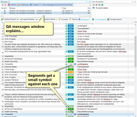 Trados Studio QA messages window showing a list of translation errors with explanations and symbols indicating the type of error.