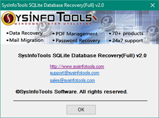 SysInfoTools SQLite Database Recovery software window showing version 2.0 with options for data recovery, PDF management, mail migration, and password recovery.