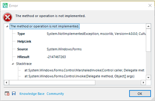 Error dialog box in Trados Studio showing 'The method or operation is not implemented' with exception details including System.NotImplementedException and stack trace information.