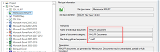 Trados Studio File Types settings window showing Memsource MXLIFF file type installed with name and description fields highlighted.