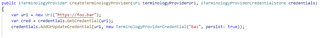 Screenshot of code snippet from MyTerminologyProviderFactory.cs template showing the use of TerminologyProviderFactory with credentials parameter.