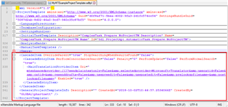 Screenshot of Trados Studio XML code with highlighted sections indicating the mt cascade entries in the template.