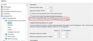 Screenshot of Studio Developers Q&A software settings with an option highlighted: 'Look up segments in MT even if a TM match is found'.