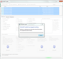 Error message window stating 'SDLXLIFF Toolkit has stopped working' with a close button.