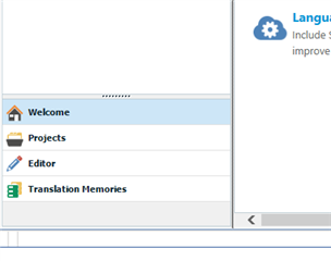 Screenshot of SDL Trados Studio GUI showing the left corner with tabs for Welcome, Projects, Editor, and Translation Memories.