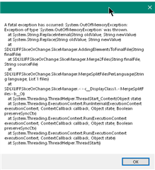 Detailed error message with a fatal exception occurred and a list of system out of memory exceptions.