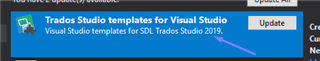 Close-up of Visual Studio extension manager showing an available update for Trados Studio templates for Visual Studio, specifically for SDL Trados Studio 2019.