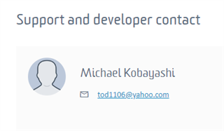 Screenshot of Trados Studio plugin information screen showing 'Support and developer contact' with the name 'Michael Kobayashi' and email 'tod1106@yahoo.com'.