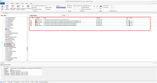 Screenshot of Trados Studio Passolo Project with highlighted areas showing 'String Lists' in the project tree and 'Properties' pane with 'SLPROP_SOURCEFILE' property.