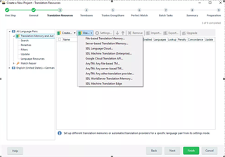 Trados Studio screenshot showing the Translation Resources tab with a dropdown menu for TM Providers, listing various TM engine plugins available.