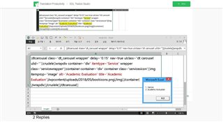 Screenshot of Trados Studio with a VBA code snippet in the foreground and a Microsoft Excel 'Compile error' dialog box in the background indicating a syntax error.