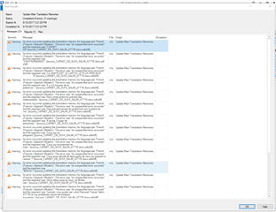 Detailed view of Trados Studio warnings list indicating multiple 'An unspecific Error occurred' messages related to updating the Main Translation Memory.