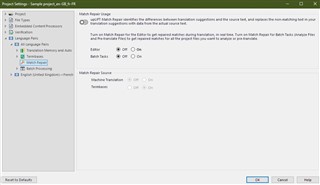 Trados Studio Project Settings window for a specific project, displaying upLIFT Match Repair settings with 'Enable' option selected.