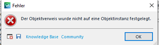 Error dialog box in Trados Studio with a message 'Der Objektverweis wurde nicht auf eine Objektinstanz festgelegt.' and buttons for Knowledge Base and Community.