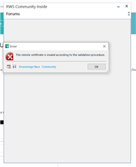 Error message in Trados Studio 2021 stating 'The remote certificate is invalid according to the validation procedure.' with options for Knowledge Base and Community.