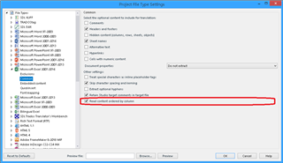 Screenshot of Trados Studio Project File Type Settings showing the second Excel menu option highlighted in red.