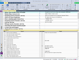Trados Studio screenshot with segments sorted by source text in ascending order, English to French translation.