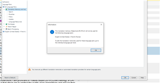 Trados Studio error message window stating 'The translation memory 'Name' (EN-US to EN-GB) could not be used. No writable translation memories for target language pairs.' with an OK button.