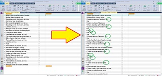 Screenshot showing Trados Studio interface with a comparison of translation segments before and after applying changes, highlighted with a yellow arrow.