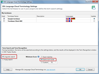 SDL Trados Studio terminology settings window showing options for term search and term recognition with a focus on the linguistic search feature.