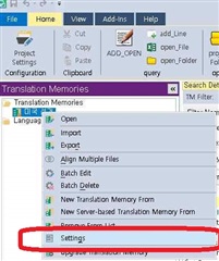 Screenshot of Trados Studio showing the Translation Memories view with the 'Settings' option highlighted in the right-click context menu.
