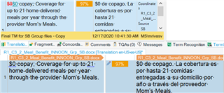 Screenshot of Trados Studio 2021 showing a segment with a 97% match instead of 100%, highlighting a discrepancy in the term 'coverage for up to 21 meals per year'.