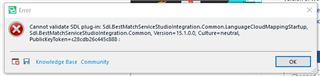 Error message in Trados Studio stating 'cannot validate SDL plug-in: Sdl.BestMatchServiceStudiolntegration.Common.LanguageCloudMappingStartup' with an 'OK' button.