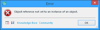 Error message in Trados Studio saying 'Object reference not set to an instance of an object' with Knowledge Base and Community buttons.