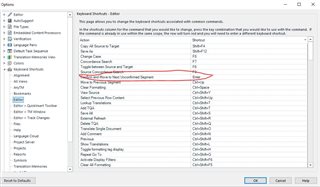 Trados Studio options menu showing keyboard shortcuts customization with 'Confirm and Move to Next Unconfirmed Segment' action highlighted and set to 'Enter'.