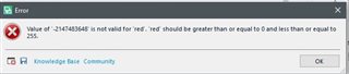 Error message in Trados Studio stating 'Value of -3.14159265 is not valid for 'red'. 'red' should be greater than or equal to 0 and less than or equal to 255.' with Knowledge Base and Community buttons.
