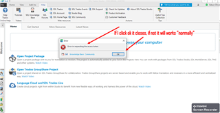 Trados Studio error message 'Error requesting access token' with a red cross icon, indicating a problem with the software's access token request upon opening.