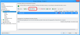Screenshot of Trados Studio Project Settings window with the 'Language Pairs' tab selected and 'Translation Memory and Automated Translation' settings highlighted in red.