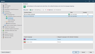 Trados Studio Options window showing 'TM for Articles default' termbase successfully set as default with no error symbols.