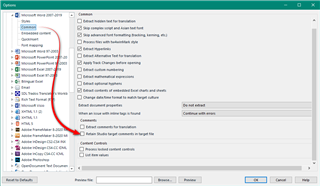 Trados Studio project settings window with 'Microsoft Word 2007-2019' options expanded, showing 'Export comments to target file' option unchecked.