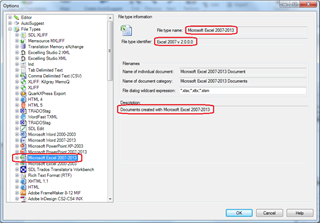 Trados Studio options window showing file type information for Microsoft Excel 2007-2013 with a description 'Documents created with Microsoft Excel 2007-2013' highlighted.