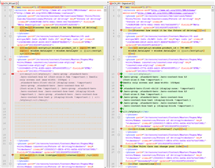 Side-by-side view of XML code with highlighted differences, showing incorrect HTML entity conversion after processing in Trados Studio.