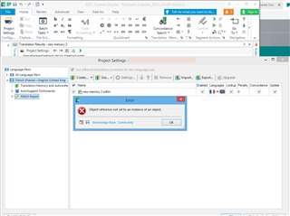 Trados Studio error message 'Object reference not set to an instance of an object' displayed on Project Settings window.