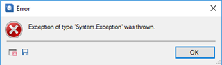 Error dialog box with a red cross symbol and the message 'Exception of type 'System.Exception' was thrown.' with an OK button.